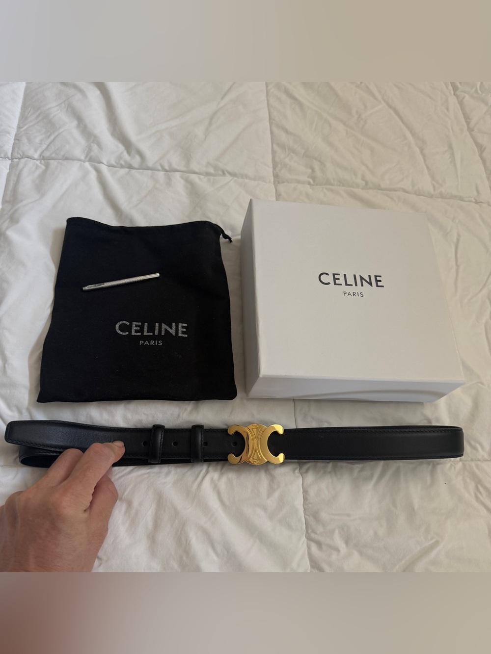 Celine Triomphe Black Leather Belt with Gold Hardware (Full Set) Size: 80